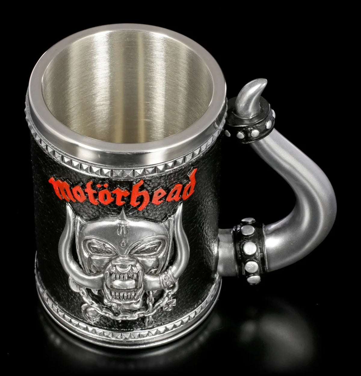 Gothic Rock Collectible Mug Hand-Polished 3D Embossed Skull, Stainless Steel Inner Unique Horn Handle Heavy Metal  Coffee Cup