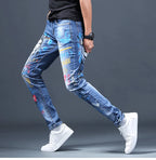 Spring Autumn Harajuku Fashion Art Craft Graphical Paintings 2000s Streetwear Male Slim Boyfriend Stylish Pants Denim Jeans Men