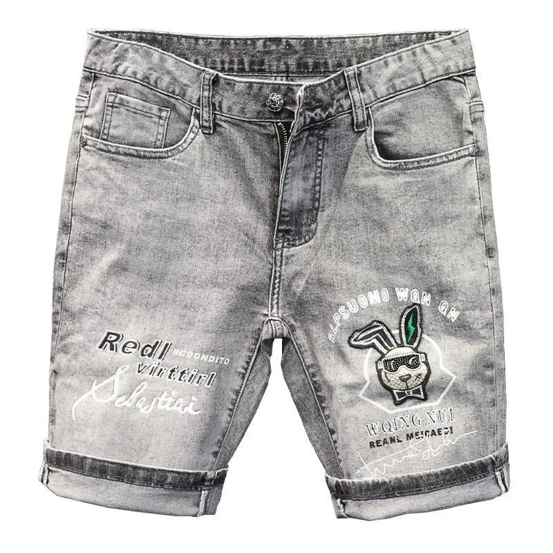 Korean Fashion Kpop Men's Casual Streetwear Boyfriend Designer Denim Shorts with Rabbit Embroidery for Summer Grey Short Jeans