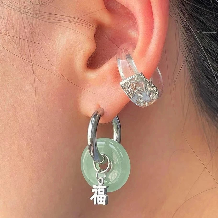 VENTFILLE Unique Green Jade Round Stainless Steel Hoop Earrings For Women Vintage Elegant Earclip Earrings Statement Jewelry