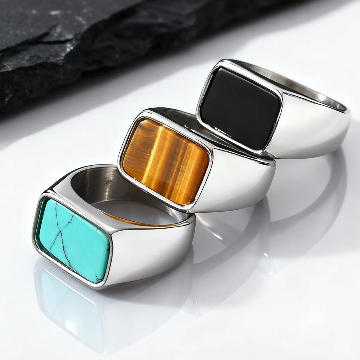 PENDRA Turquoise Tiger Eye Steel Ring
