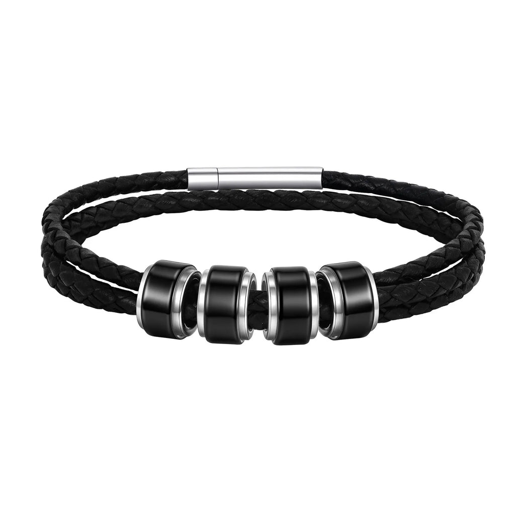 Customized Baeded Bracelets for Men Boys,3-Layers Leather Bracelet with Stainless Steel Tube,Jeweley Gift for Dad Husband