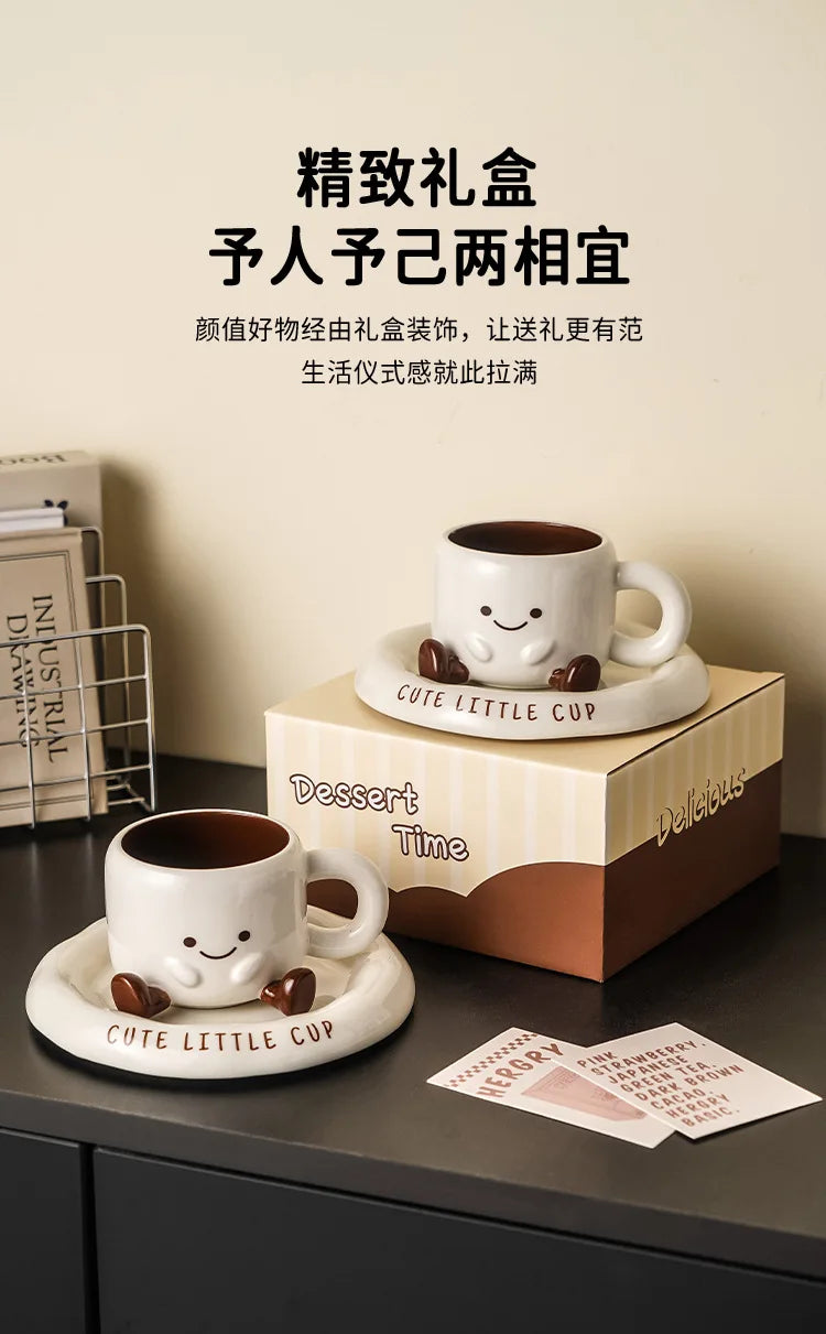 Cute Smiley Face Ceramic Coffee Mug with Saucer 3D Cartoon Design Tea Cup