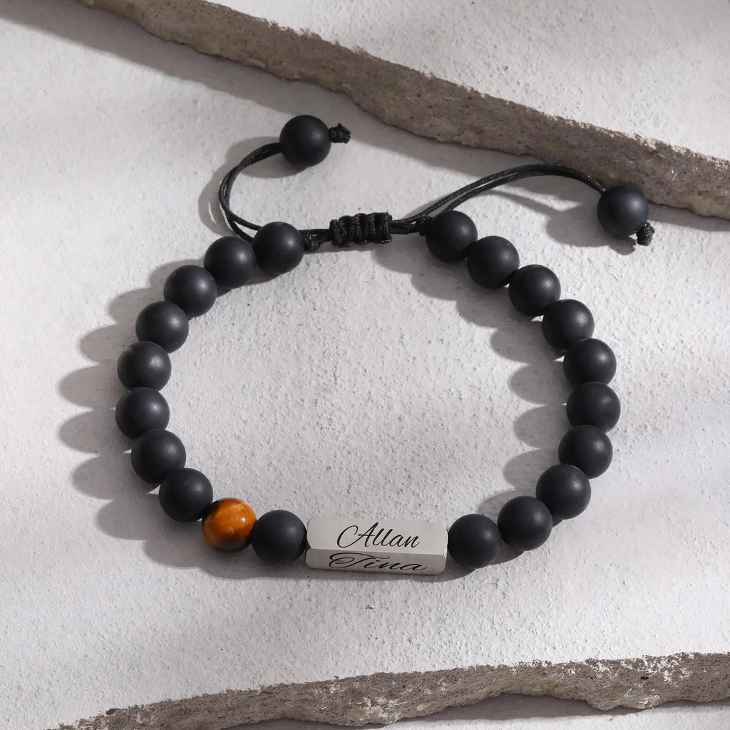 Personalized Beaded Bracelets for Men Boys,Adjustable Nartual Stone Stainless Steel Name Bar Wristband,Father Boyfriend Gifts