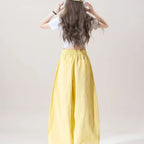 Milk yellow lace patchwork ripped jeans women's summer new high waisted drawstring star embroidered design wide leg pants