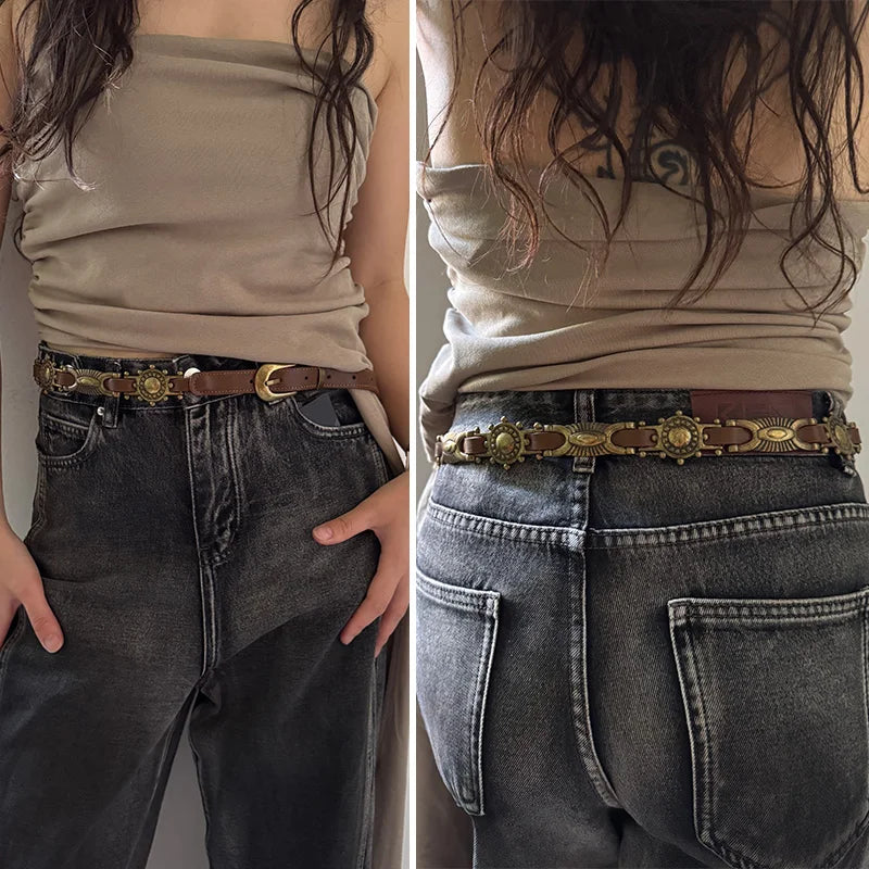 Women's Punk Chain Metal Band For Ladies Cowboy Pu Design Sense Belts Pin buckle Waistband waist Decorative On Denim Dress Coat