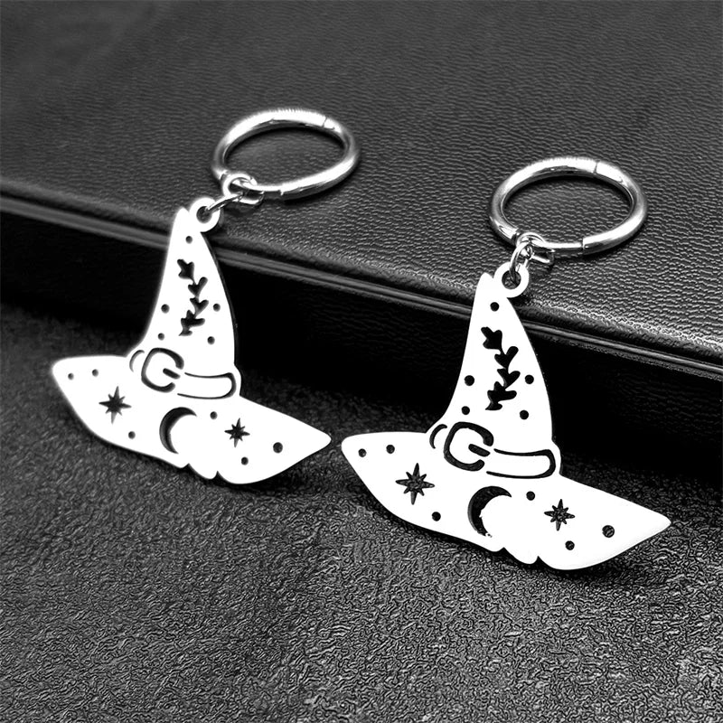 Witch Hat Star Moon Hoop Earring for Women Stainless Steel Black Silver Color Halloween Charm Earrings Gift Jewelry