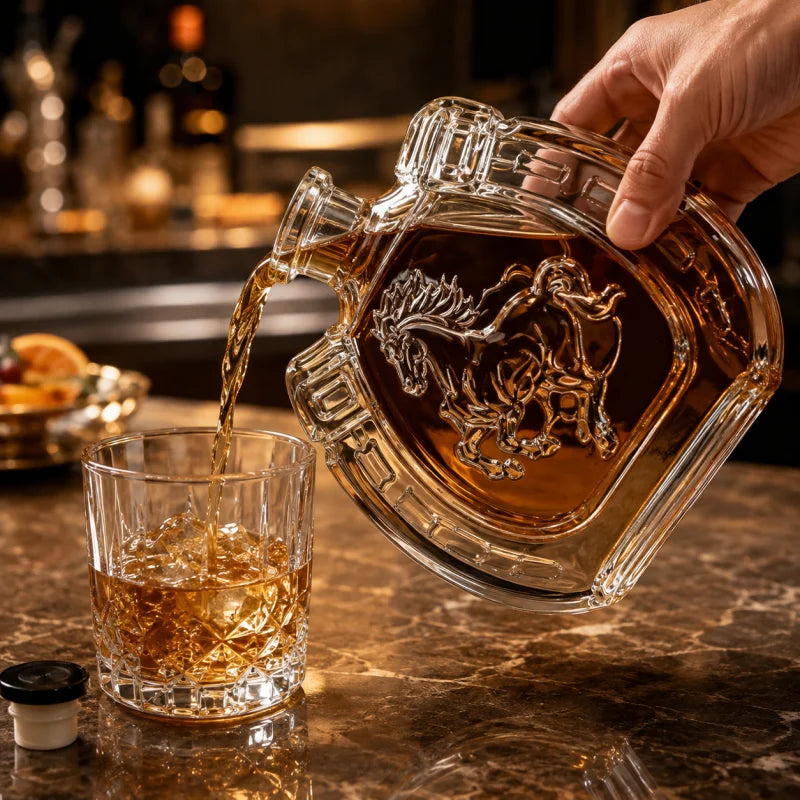 Clear Horseshoe Shaped Liquor Decanter 350ML Embossed Horse Glass Wine Bottle Whisky Container Home Bar Decoration