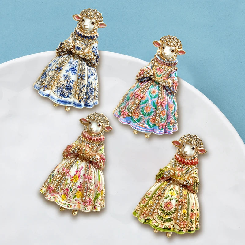 PENDRA Regal Rhinestone Sheep Lady Brooch
