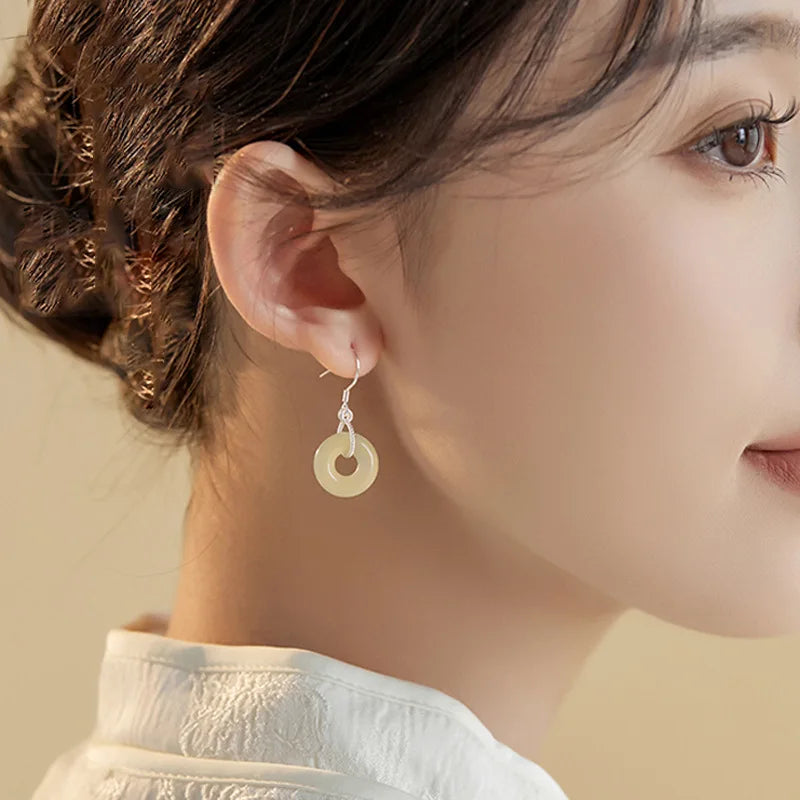 VENTFILLE 925 Silver Gold Color Hetian Jade Earrings for Women Girls Festival Gift Green Round Jewelry Dropshipping Wholesale
