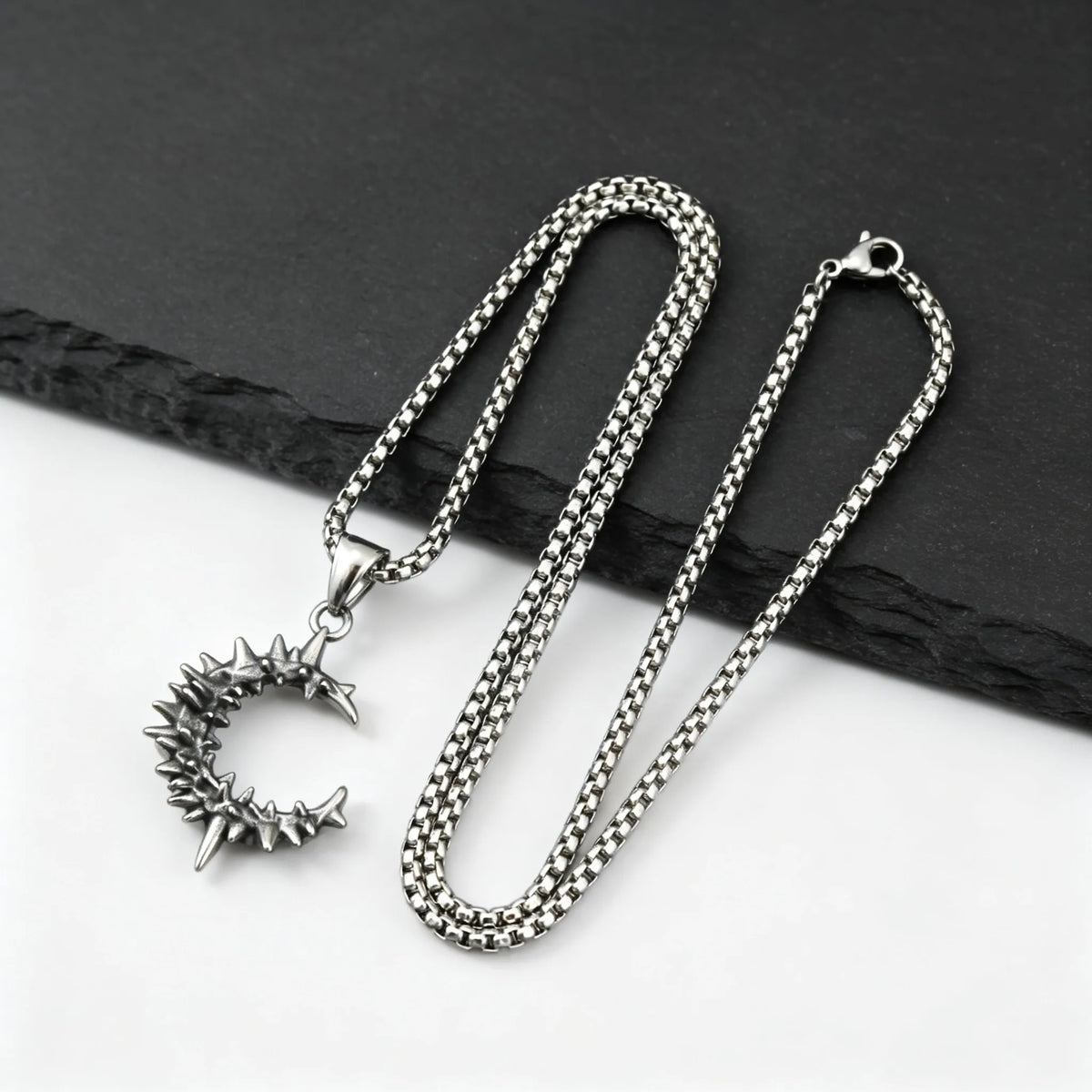 Gothic Thorn Moon Necklace for Men Boys,Vintage Stainless Steel C Shape Pendant Necklace,Birthday Party Jewelry Gift