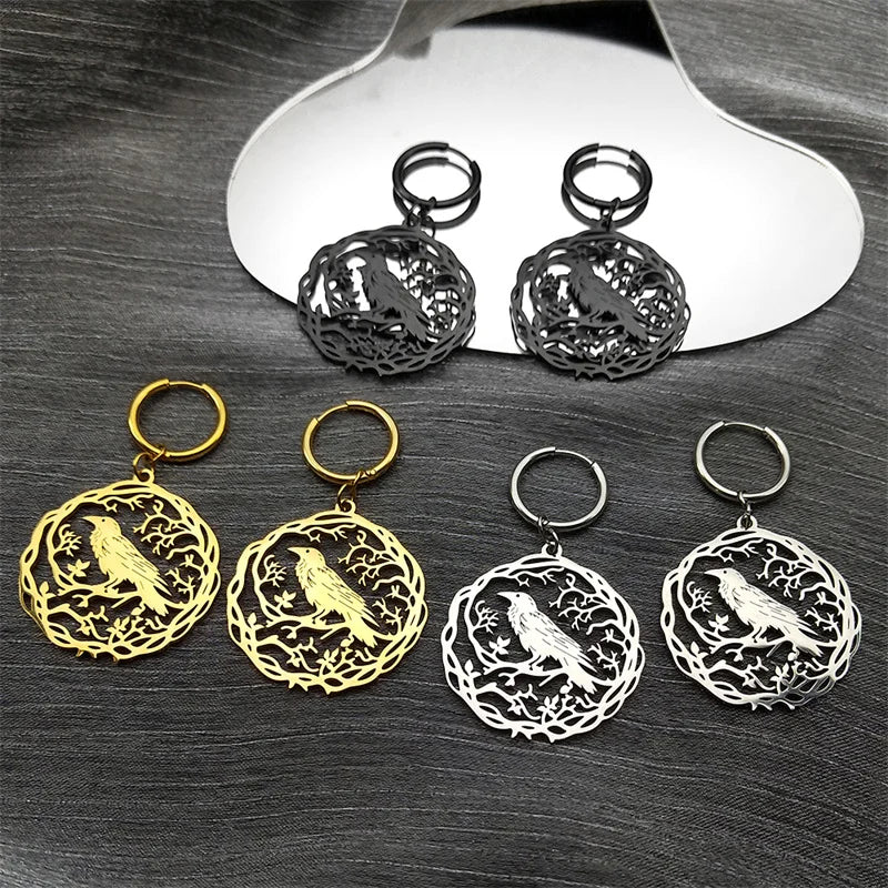 Goth Crow Hoops Ear Rings for Women Stainless Steel Gold Color Hollow Animal Raven Earrings Jewelry Halloween Gift EZZZ955S06