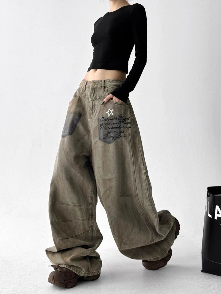 Street dance hip-hop jeans women's 2025 autumn new high waist slimming loose and lazy style casual fashion pants