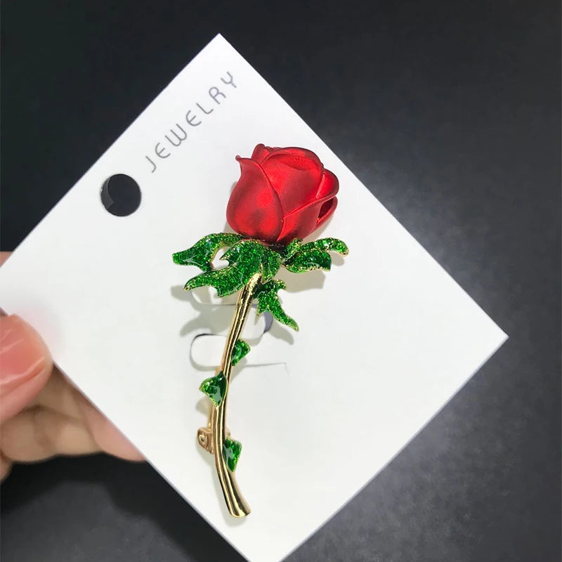 PENDRA Rosella Red Enamel Rose Flower Brooch
