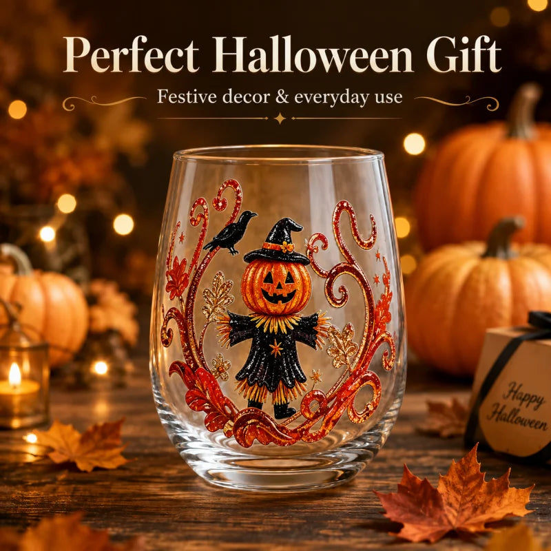 Halloween Pumpkin Scarecrow Whiskey Glass Stemless Tumbler with Crow Sticker Design for Party Drinkware Gift
