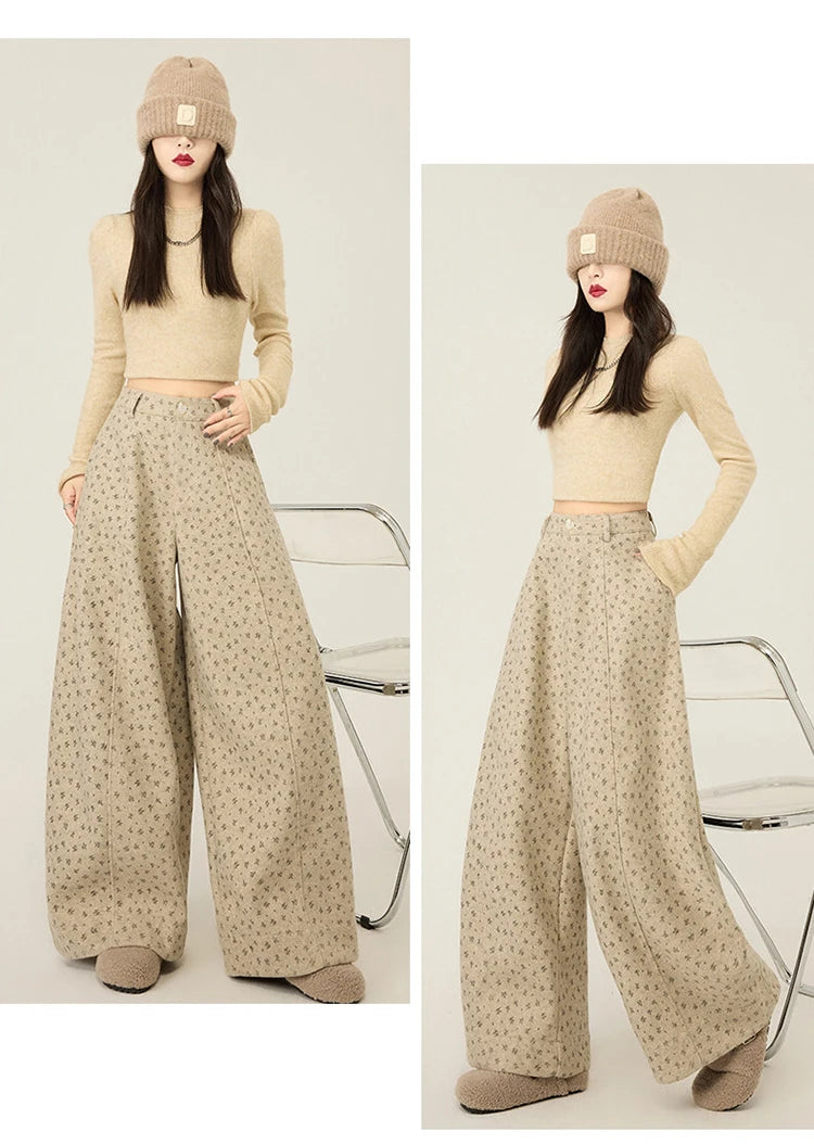 Lazy style floral print woolen suit pants women in winter new loose and versatile casual curved knife wide leg pants
