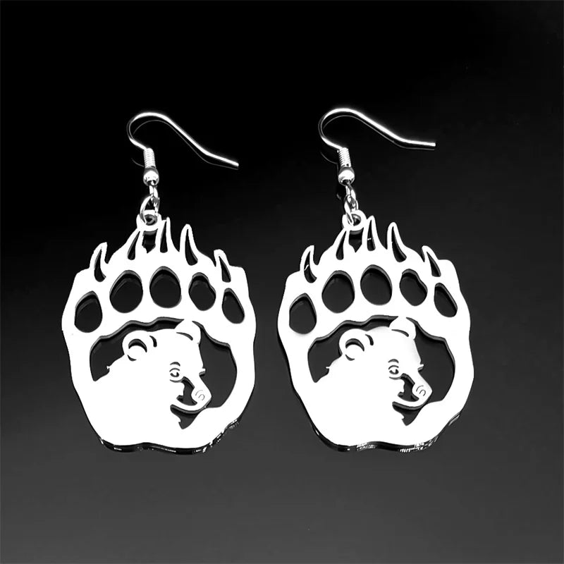 Hip Hop Animal Paw Bear Head Drop Earring for Women Stainless Steel Silver Black Color Hollow Earrings Jewelry E3492S06