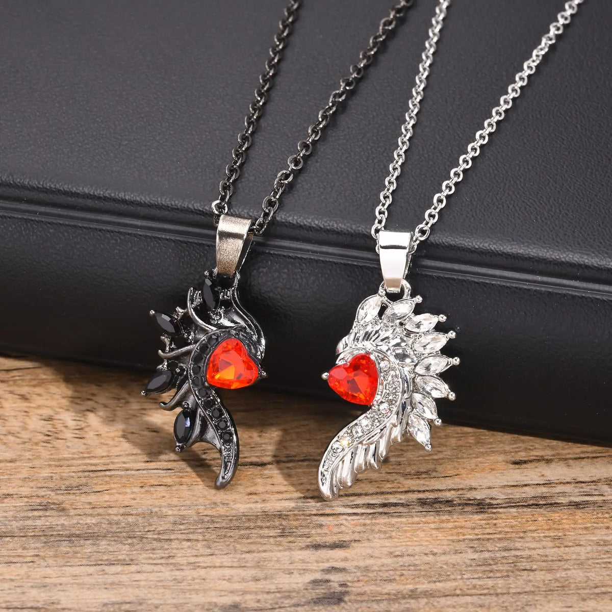 Mprainbow Angel Devil Wings Couple Pendant with Red Heart Stone,Black and White Simple Valentine's Day Gift Necklace Set