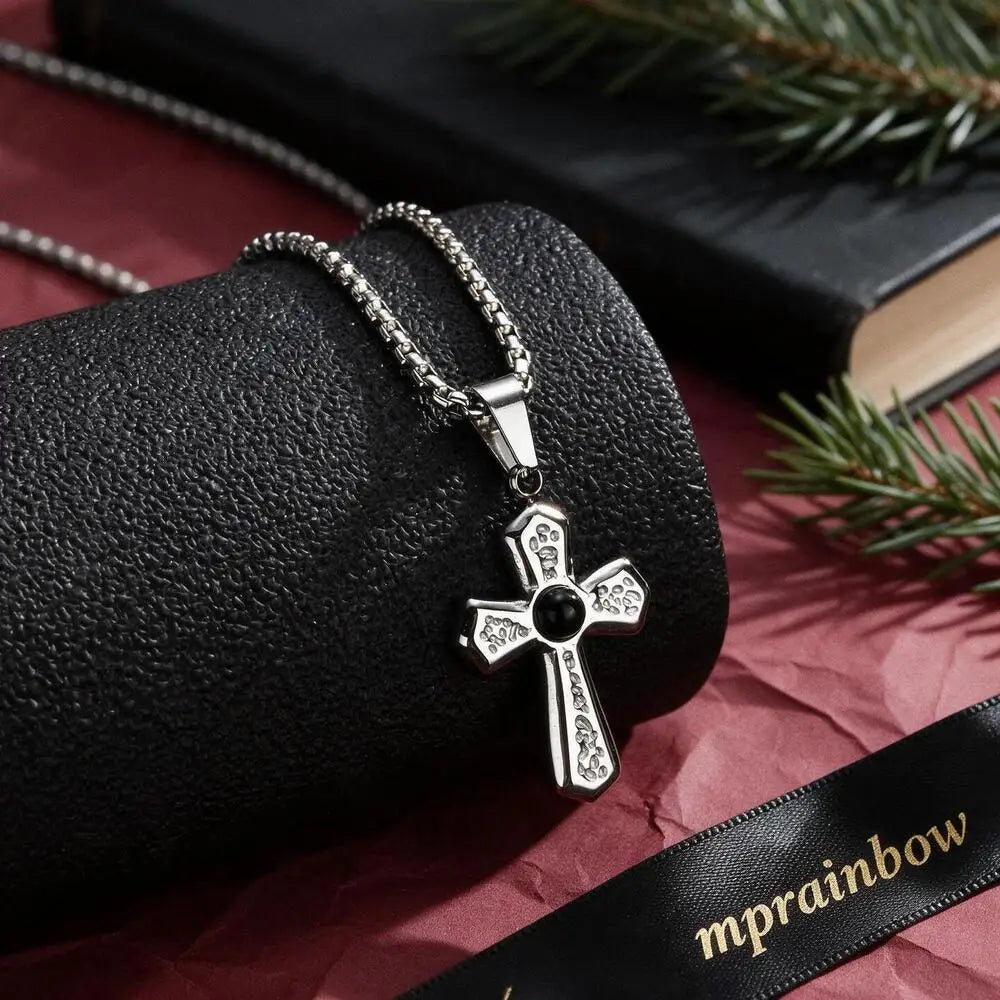 Stylish Black Natural Stone Cross Pendant Neckalce for Men,Stainless Steel Gothic Black Onyx Cross Charm Necklace Jewelry Gift