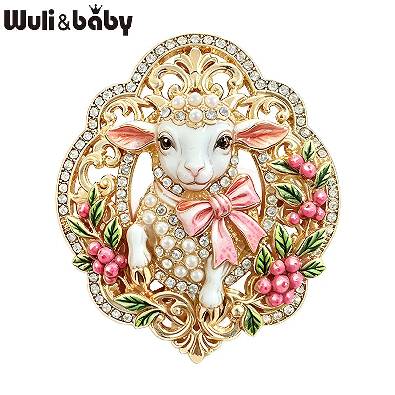 PENDRA Opal Enamel Rhinestone Sheep Brooch