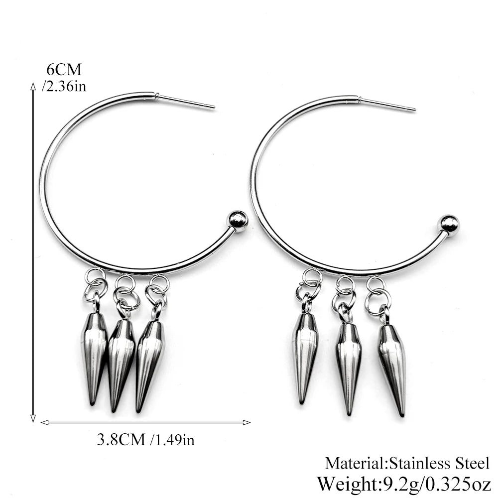Punk Gothic Hoop Triple Rivet Drop Earrings For Women Men Emo Grunge Stainless Steel Silver Color Spike Huggie Ear Ring Jewelry