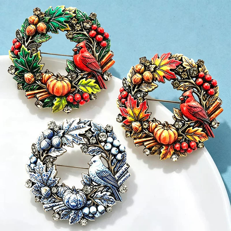 PENDRA Winterbird 3-Color Christmas Wreath Brooch