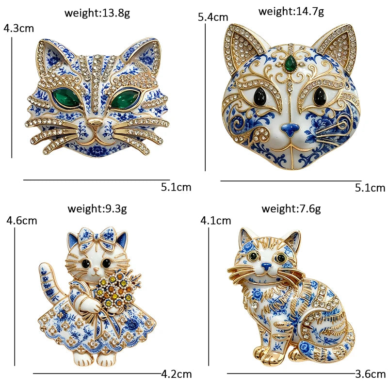 PENDRA Porcelain Cats Blue-and-White Rhinestone Brooch