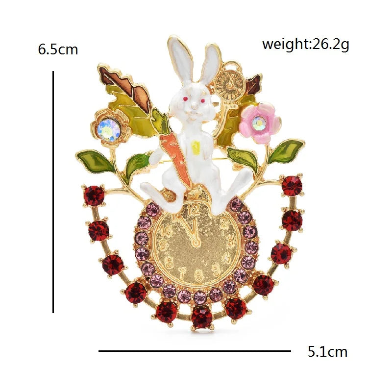 Wuli&baby Lovely Rabbit Clock Brooches For Women Enamel Rhinestone Pets Timer Party Causal Brooch Pins Gifts