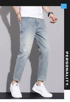 Ripped Jeans Men's 2025 Summer New Trendy Brand Ruffian Handsome Slim-fitting Elastic Straight Trendy Casual Cargo Work Pants
