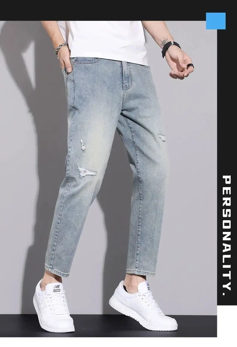 Ripped Jeans Men's 2025 Summer New Trendy Brand Ruffian Handsome Slim-fitting Elastic Straight Trendy Casual Cargo Work Pants