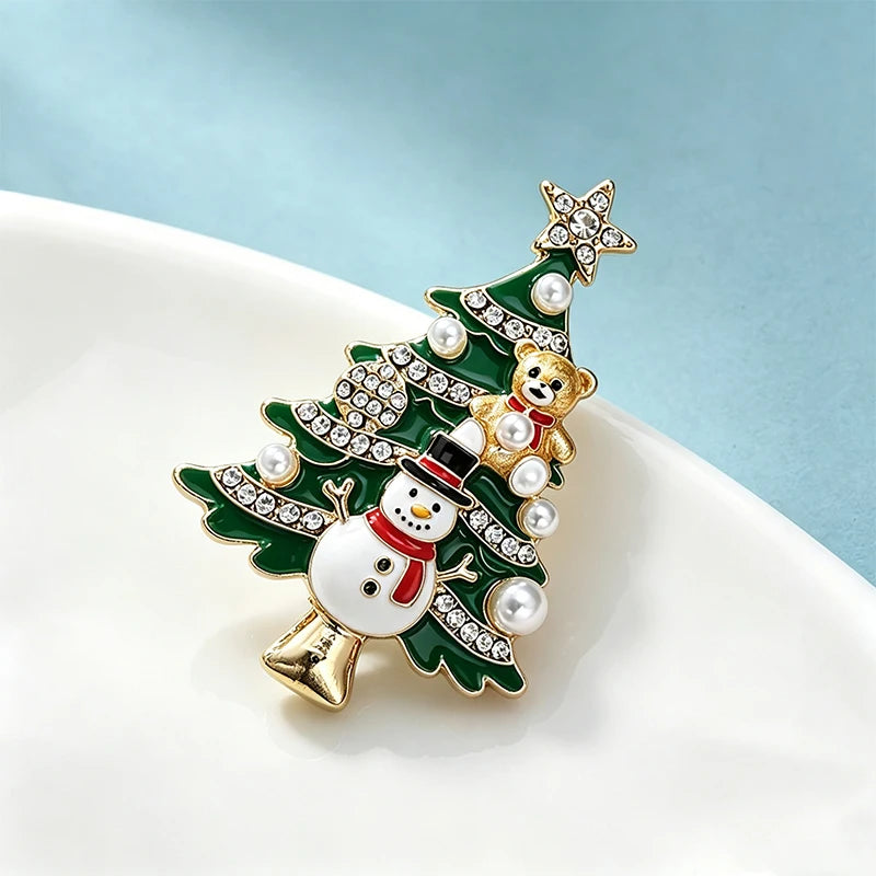 PENDRA Snowman Rhinestone Enamel Christmas Tree Brooch