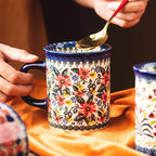Bohemian Handmade Floral Ceramic Coffee Mug, Retro Pattern Porcelain Cup, Aesthetic Tea Mug for Latte, Cute Drinkware Gift