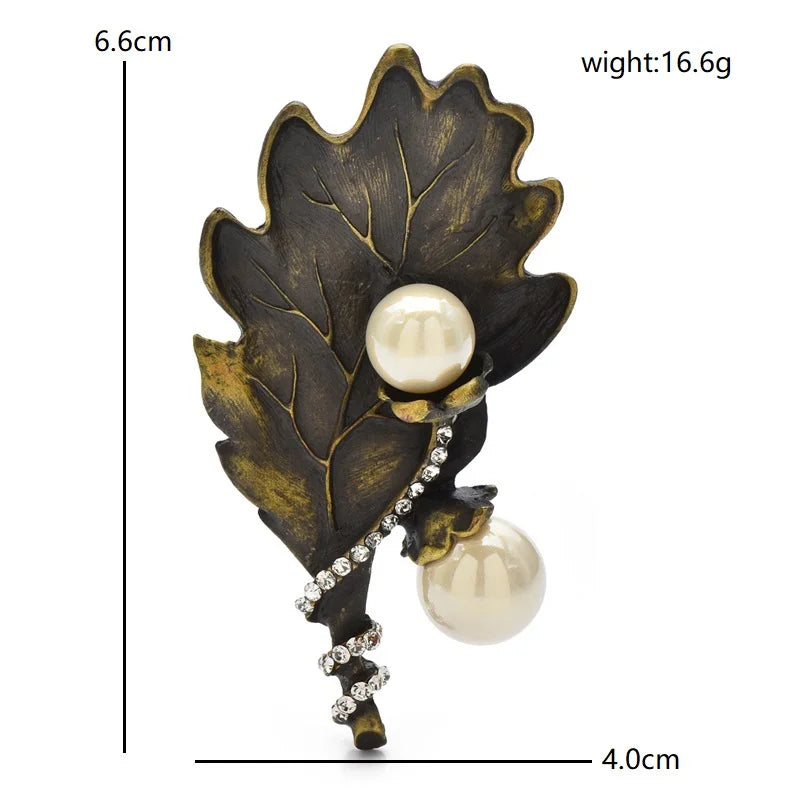 PENDRA Folia Vintage Pearl Leaf Brooch