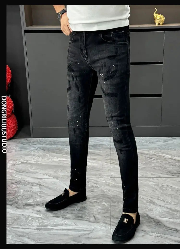 Designer Jeans Man High Quality Men's Scraped Black Jeans Autumn Winter Splashing Ink Slim-fit Pants Handsome Casual Long Pants