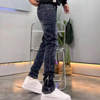 High-end 2026 Dark Blue Foot Zipper Jeans Men's Slim-fitting Small Straight Trendy Fashion Elastic Cargo Casual Trousers Male