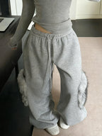 Grey sports pants women's 2025 new winter fur niche design drawstring elastic waist loose and lazy style wide leg pants