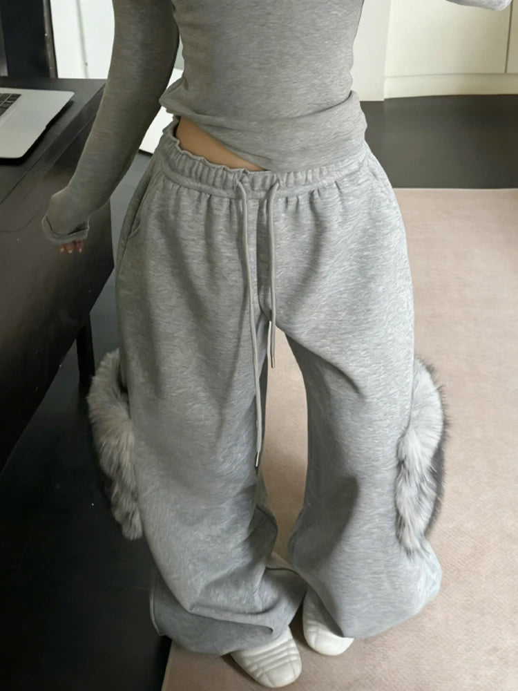 Grey sports pants women's 2025 new winter fur niche design drawstring elastic waist loose and lazy style wide leg pants