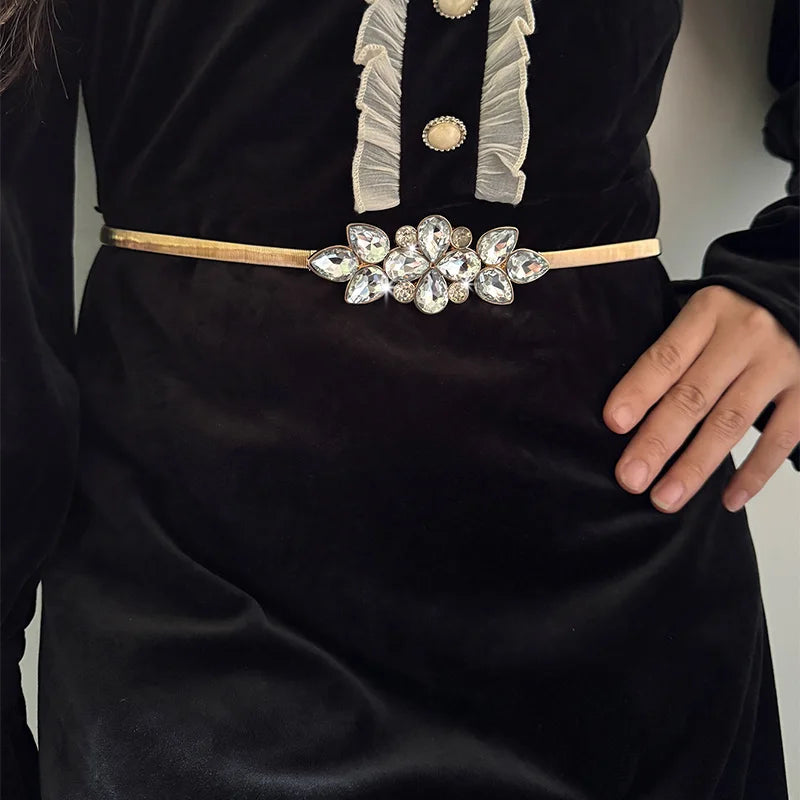 High-eng Luxury Desiner Women Rhinestone Flora Elastic Metal Chain Belt Female Golden Elegant Waist Belt For Dress Skirt Coat