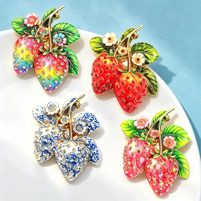 PENDRA Berry Enamel 4-Color Strawberry Rhinestone Brooch