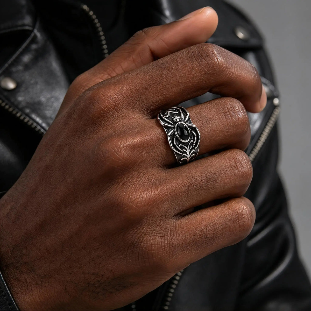 Vintage Punk Men's Spider Signet Ring,Stainless Steel Natural Stone Black Onyx Ring Jewelry Accessory Gift for Him