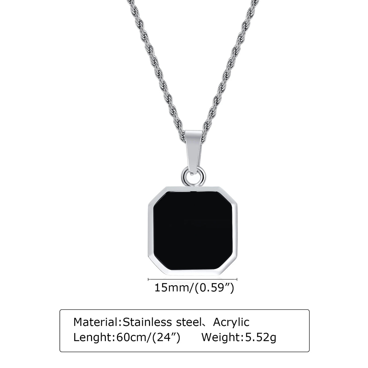 Black Square Necklaces for Men Boys,Stainless Steel Necklaces with Rope/Cuban/Figaro/Box Chain Collar,Stylish Jewelry Gifts