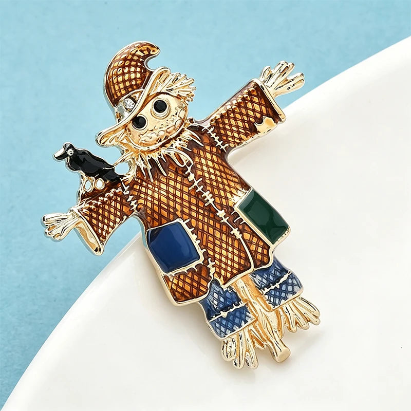 PENDRA Enamel Black Bird on Skull Scarecrow Wearing Hat And Patch Clothing Brooch