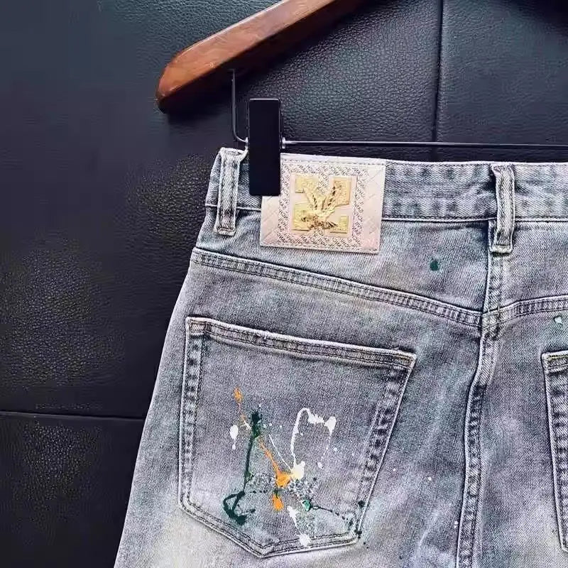 High-end Luxury Clothing Light Blue Jeans Men Fashion Ink Splatter Autumn Slim Pencil Pants Spring Autumn Designer Denim Jeans
