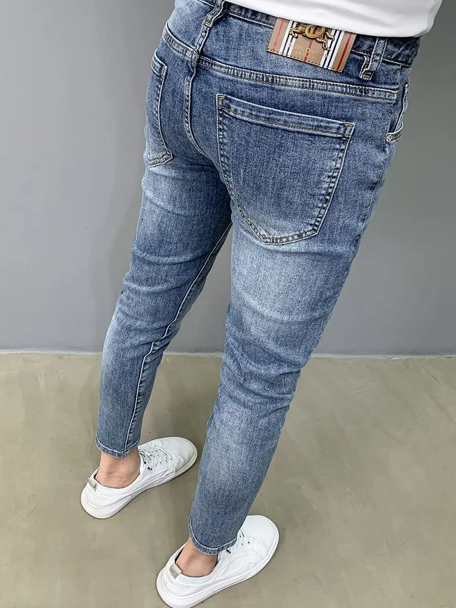 Luxury Brand Men's Slim Denim Jeans Casual Pencil Pants with Embroidery 2024 New Korean Fashion Autumn Summer Blue Long Pants