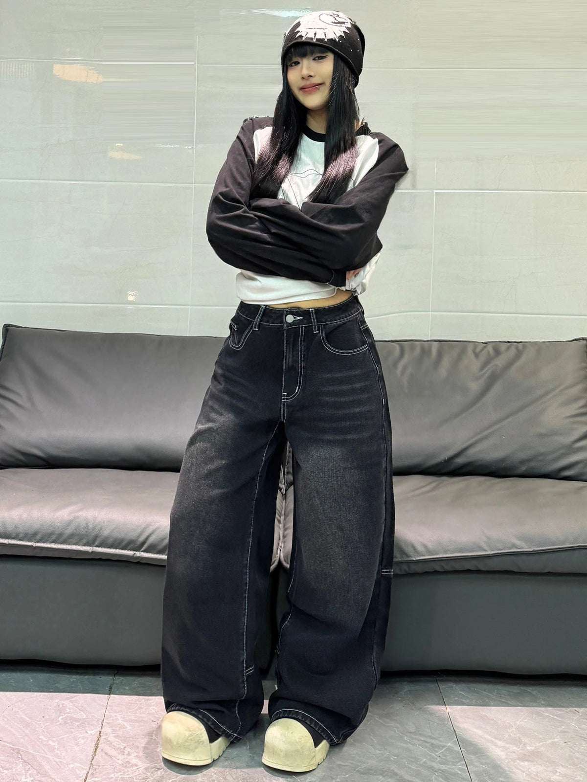 American Retro Spider Web Embroidery Design Black Loose High-Waist Jeans Women Y2K Street Fashion Versatile Wide-Leg Pants