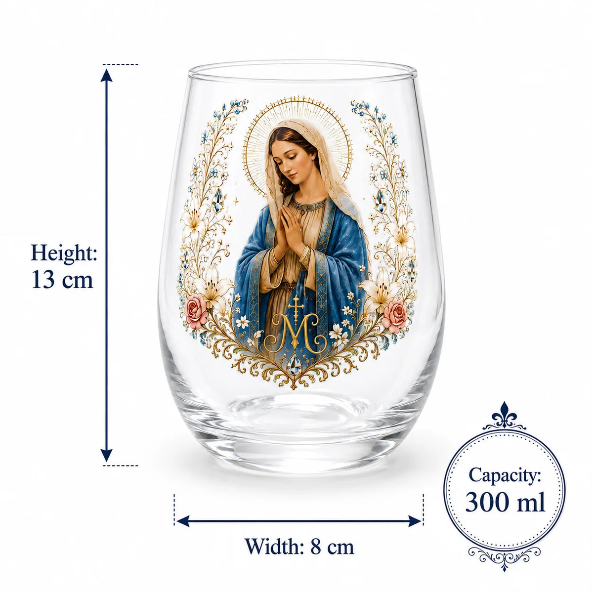Virgin Mary 300ml Stemless Glass Tumbler Catholic Religious Whiskey Cup Christian Prayer Gift for Home Bar Decoration