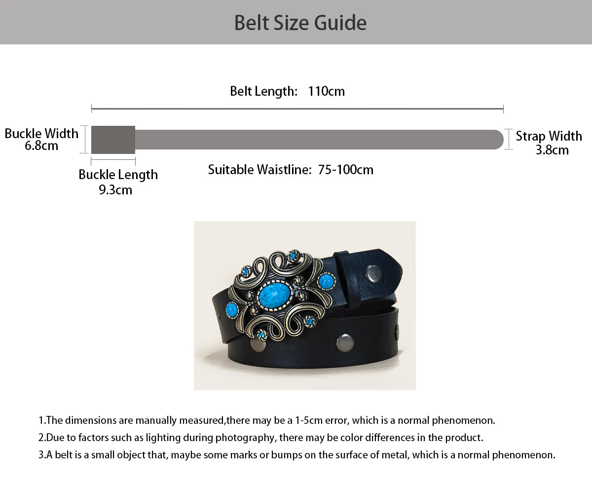 Ladies wear the classic Punk belt, Black Round Rivet PU leather, bohemian style oval turquoise buckle belt For Men and Women