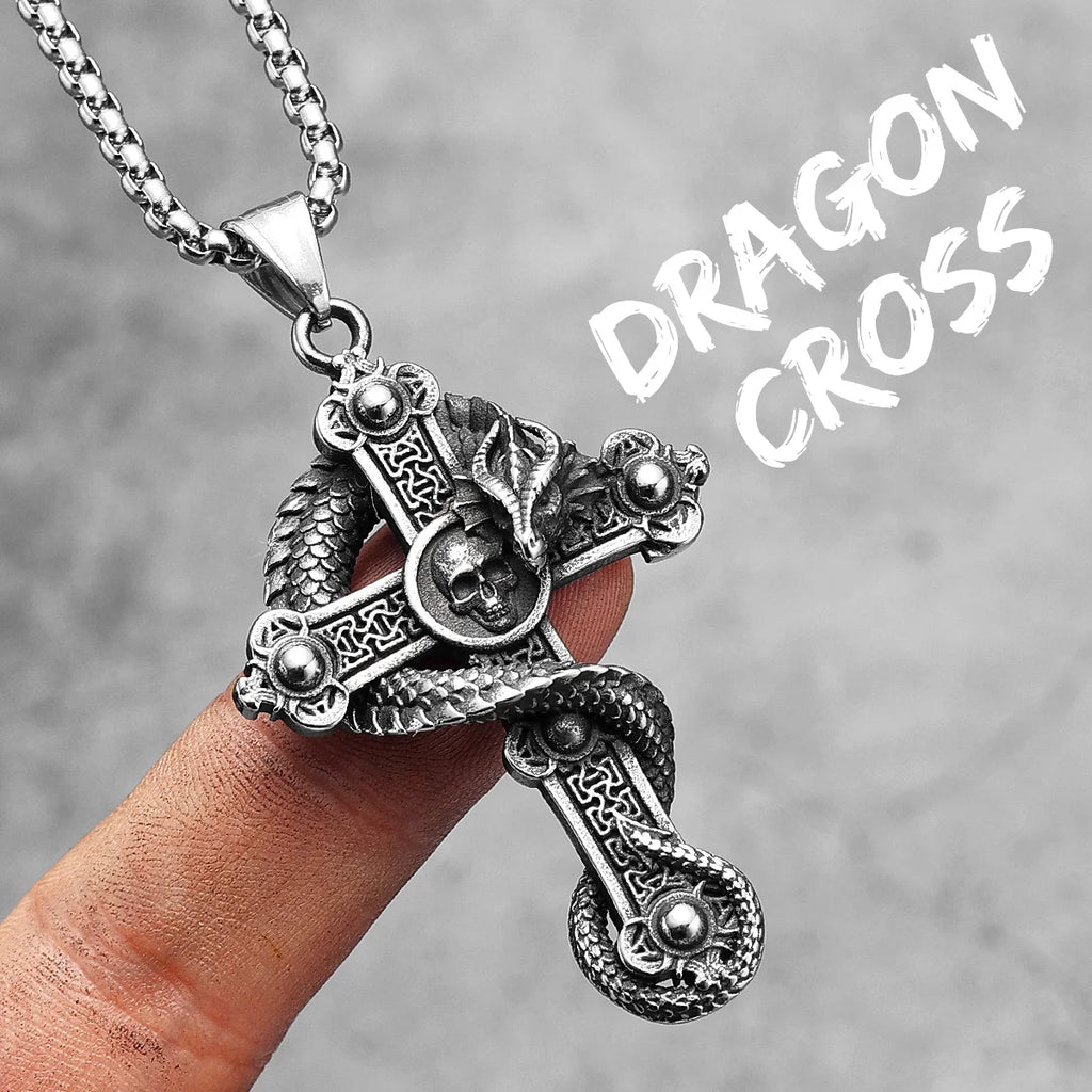 PENDRA Dragon Circling Cross Steel Necklace