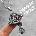 PENDRA Dragon Circling Cross Steel Necklace