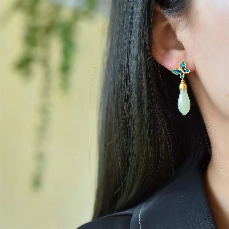 VENTFILLE Hetian Jade Ear Hook Earring Women's High-end Temperament Ethnic Style Retro Earrings Cloisonne Craft Dangler Gift